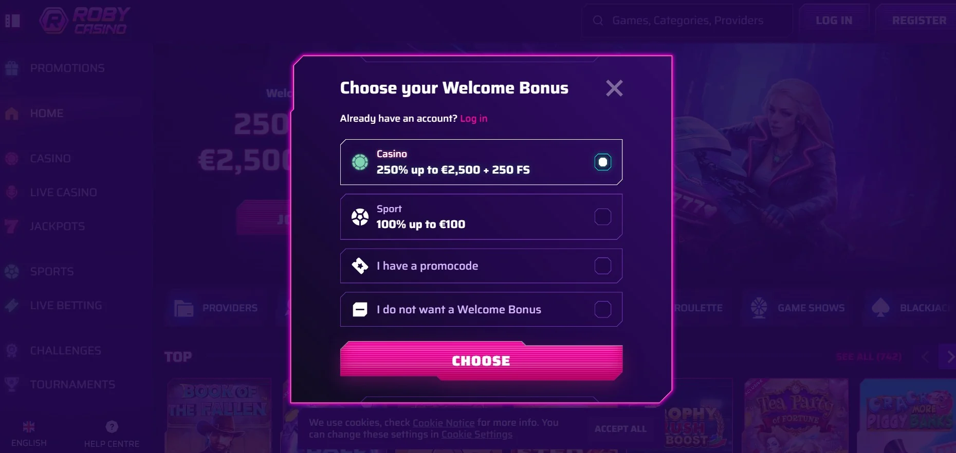 Bonus di benvenuto Roby Casino del 250 per cento fino a 2.500 euro con 250 giri gratis per l'Italia